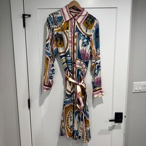 Farm Rio Cerrado Stamps Long-Sleeve Midi Shirt Dress Brasil Colorful Sz M